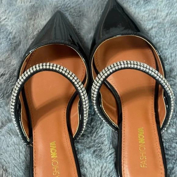 Fashion Nova Black Patent Pointed Toe Flats with Rhinestone Strap - Picture 2 of 4